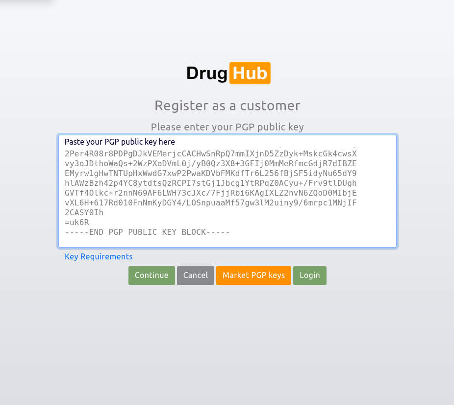 Drughub interface showing encrypted authentication flow and PGP challenge screen
