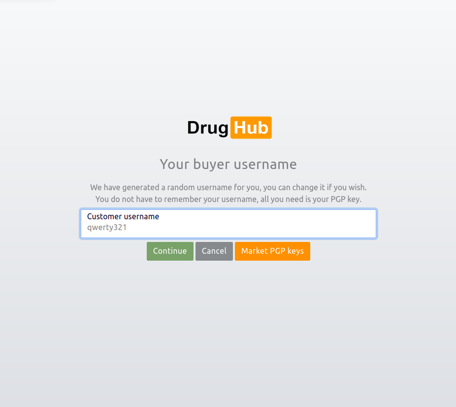 Drughub PGP login interface with public key paste field and challenge response area